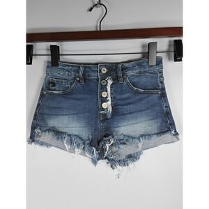 KANCAN MID RISE DISTRESSED BUTTON FLY DENIM JEAN SHORTS Womens Medium